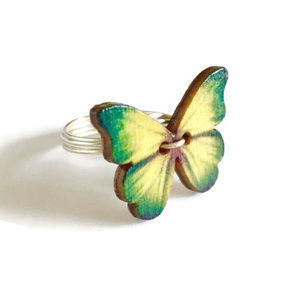 Green & Yellow Butterfly Button Ring - Handmade